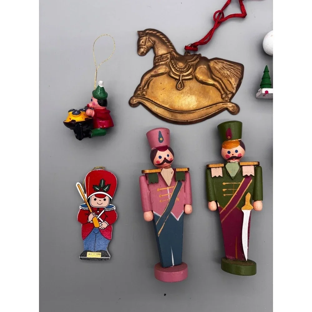 VTG Christmas Ornaments Lot 17 Brass Horse Wood Nutcracker Soldier Humpty Dumpty